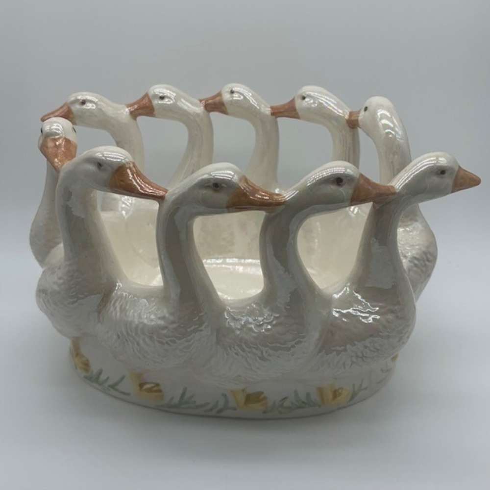 Vintage 80s Holland Mold Gaggle of 10 Geese Ceramic Planter Bowl Cottagecore